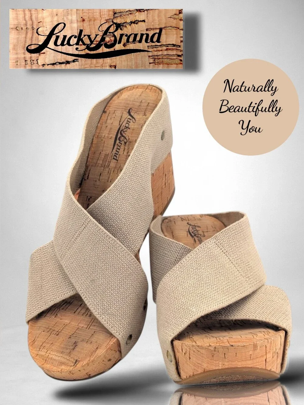 Lucky Brand Miller 2 Size 8.5M Neutral Tan/Beige Textured Fabric Platform Wedges